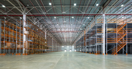 big automated warehouse, panorama of modern rack system and shelvings