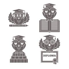 Wall Mural - Owls in graduation caps set