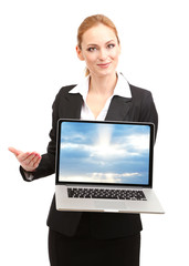 Wall Mural - Woman holding laptop with screensaver, isolated on white