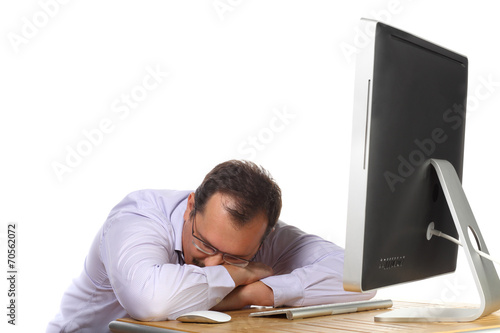 Tired Man Asleep At Desk With Computer Working Until Late Buy