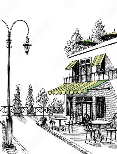 Obraz na płótnie canvas czteroczęściowy "tetraptyk" Widok ulicy taras restauracji retro miasta, szkic wektor