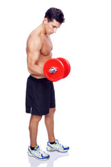 Fitness man lifting dumbbells on a white background