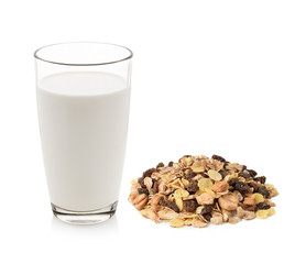 Wall Mural - pile of muesli and fresh milk in the glass isolated on white bac