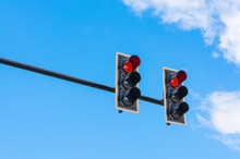 Image Of Traffic Light, The Red Light Is Lit. Symbolic  For Hold