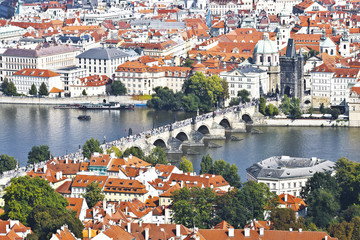 Wall Mural - Prague, a top view of the town and Charles bridge