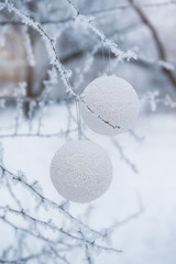 christmas decor under snowy fir tree. Isolated on white backgrou