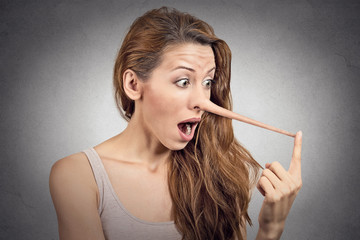 Liar surprised woman with long nose 