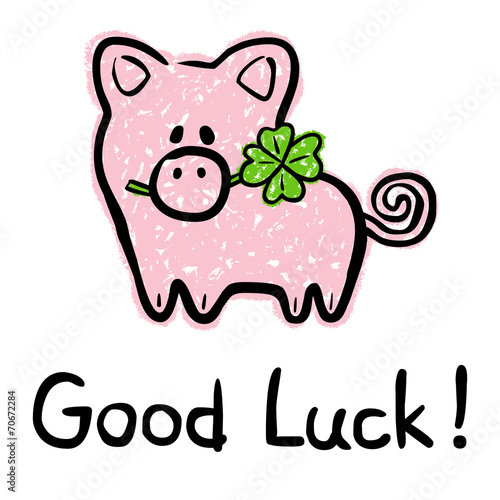 Good Luck Card With Lucky Charm Pig And FourLeaved Shamrock Stock