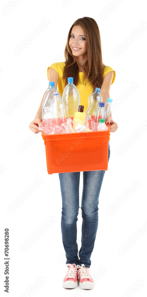 Young girl sorting plastic bottles isolated on white
