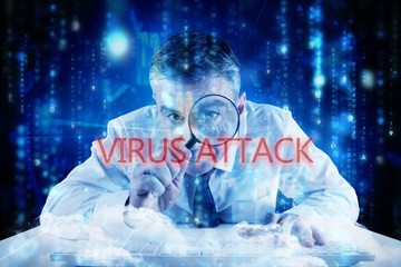 Poster - Virus attack against lines of blue blurred letters falling
