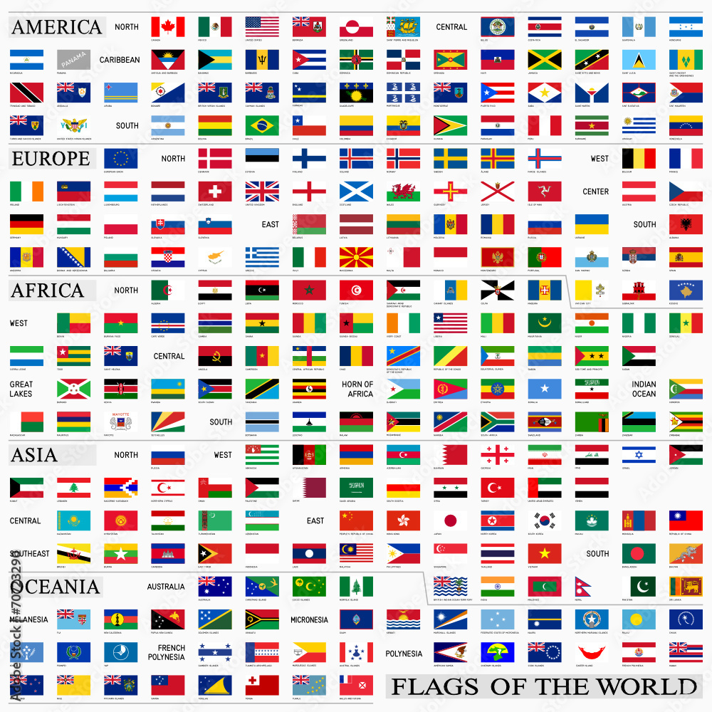 World flags with proportion 3:5, by continents - obrazy, fototapety, plakaty 