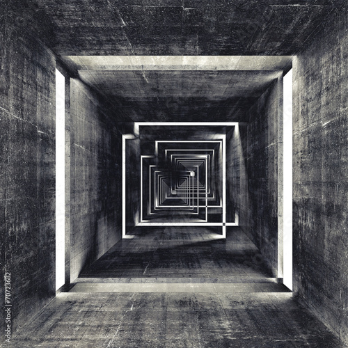 Obraz Dibond Abstrakta zmroku betonu tunelu kwadratowy wnętrze, 3d tło