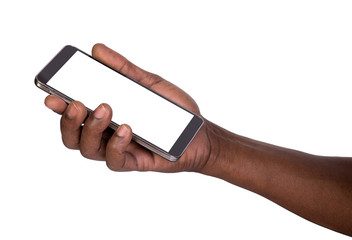 hand holding smart phone with blank screen