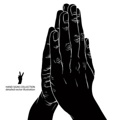 Wall Mural - Praying hands, detailed black and white vector illustration.
