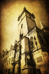 Fototapete - Rathausturm in Prag mit nostalgischer Textur