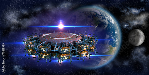Plakat na papierze fotorealistycznym Kosmita kosmita ufo zbliża się do ziemi