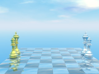 Chessboard with kings and queens - 3D render