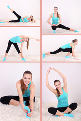 Sticker - Health concept. Collage of different exercises by young woman