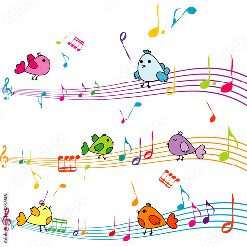 Obraz w ramie Music note with cartoon birds singing