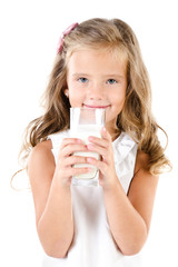 Poster - Smiling little girl drinking milk isolated