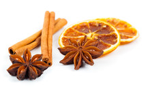 Dry Orange, Cinnamon And Star Anise With Copy Space, On White Ba