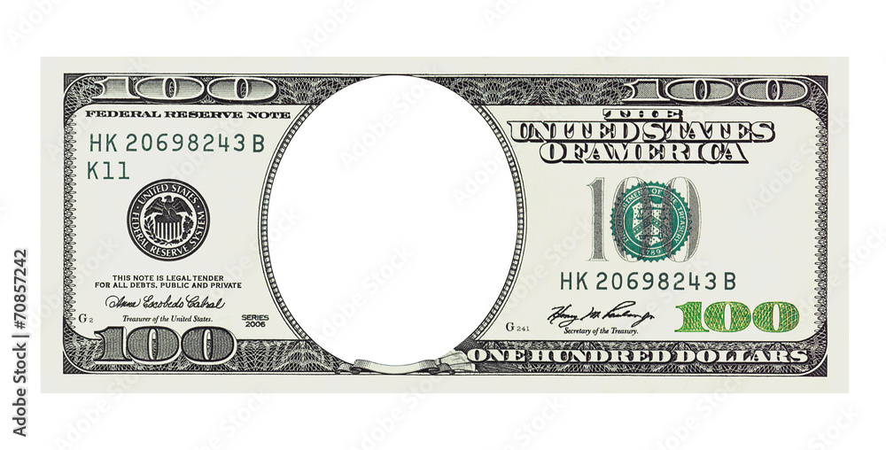 A hundred dollars bill with no face, clipping path - obrazy, fototapety, plakaty 