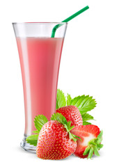 Wall Mural - Glass of strawberry juice with fruit isolated on white.
