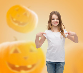 Sticker - smiling little girl in white blank t-shirt