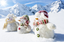 Winter, Snow, Snowman Friends And Snowy Mountains