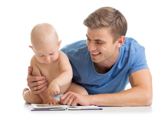 Poster - father reading a book to son baby