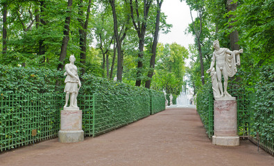 Ancient statues in the Summer Gardens park in Saint-Petersburg