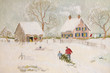 Winter scene of a farm with people, digitally altered