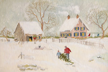 Winter Scene Of A Farm With People, Digitally Altered