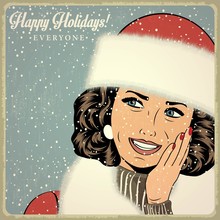 Elegant Young And Happy Woman In Winter, Retro Christmas Card
