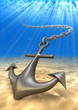 Underwater anchor and volume light. Travel 3d illustration