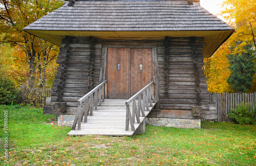 Wooden bridge and tower.Ukrainian Museum of Life and Architectur Poster