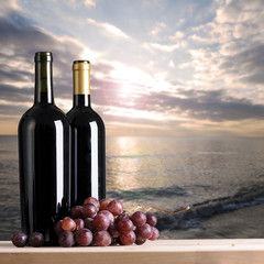 Wall Mural - Bottles of wine with a seascape view