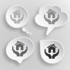 Sticker - home in hands. White flat vector buttons on gray background.