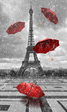Fototapeta Sypialnia - Eiffel tower with flying umbrellas.