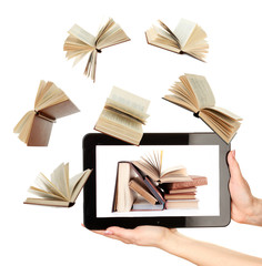 Canvas Print - Information transfer. Books flying in tablet