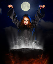 Witch With Cauldron On Night Sky Background