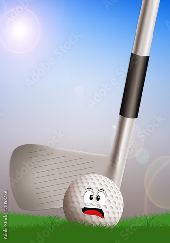 Obraz na płótnie canvas czteroczęściowy "tetraptyk" Przestraszona piłeczka golfowa z kijem golfowym