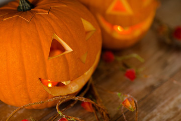 Wall Mural - close up of pumpkins on table