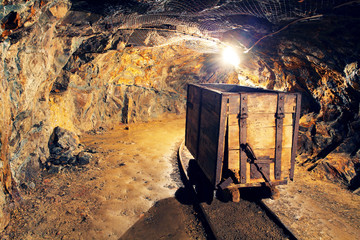 Wall Mural - Mine gold underground tunnel railroad