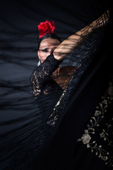 Young flamenco dancer in beautiful dress on black background.