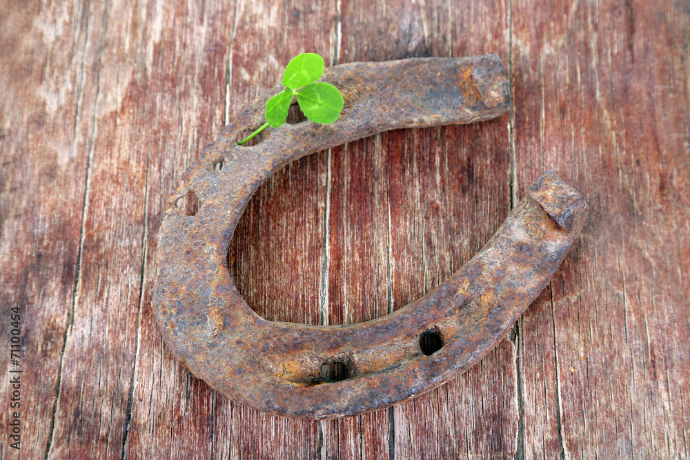 Old horse shoe,with clover leaf, on wooden background