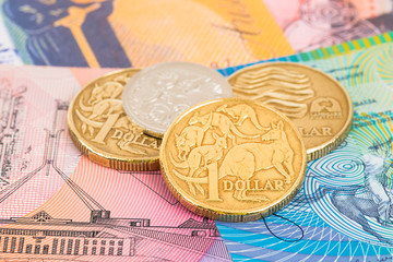 Wall Mural - Australian dollar banknotes and coins