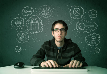 Aufkleber - Young nerd hacker with virus and hacking thoughts