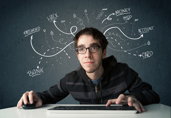Fototapete - Young hacker with white drawn line thoughts