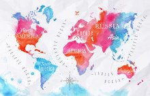 Watercolor World Map Pink Blue